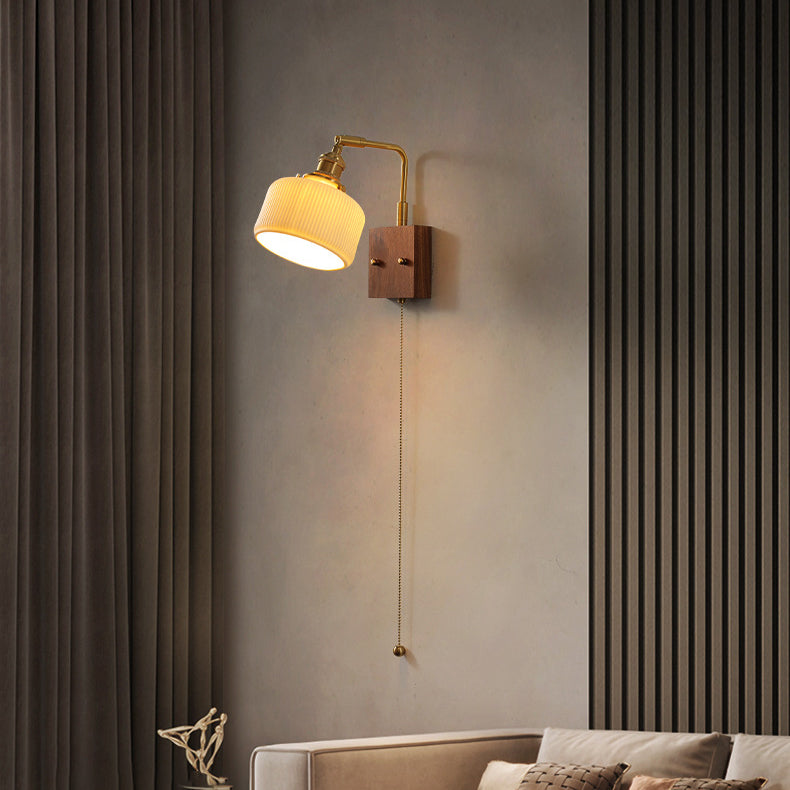 Brass Walnut Pleated Fabric Wall Lamp