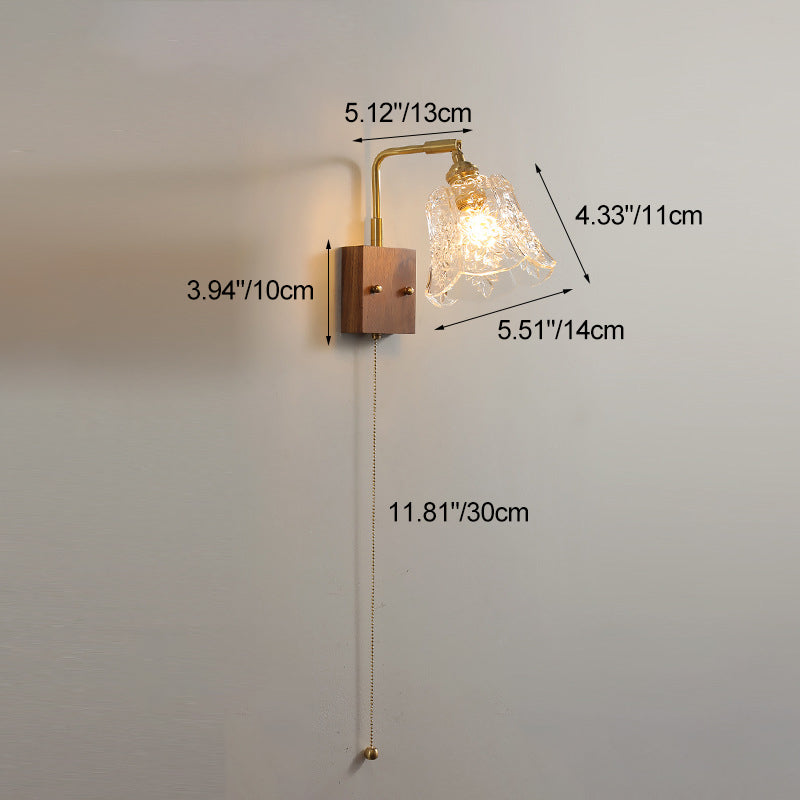 Brass Walnut Rose-Textured Glass Wall Lamp