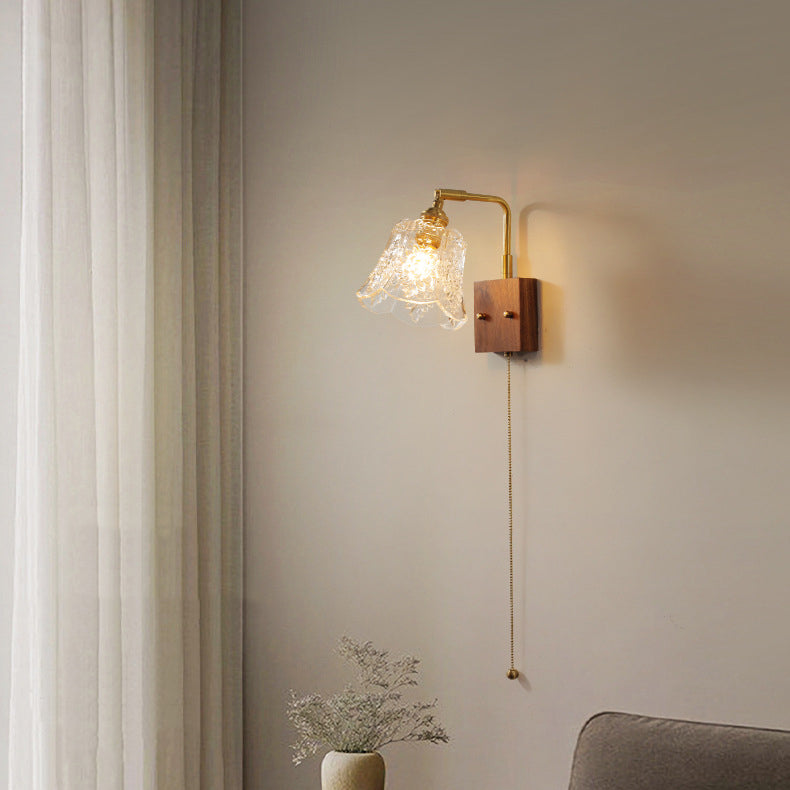 Brass Walnut Rose-Textured Glass Wall Lamp