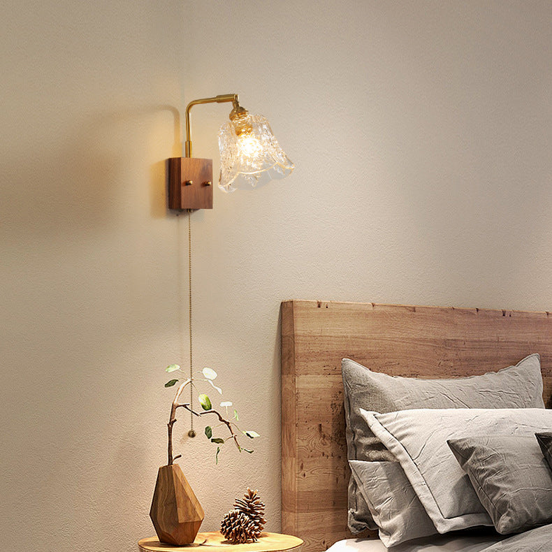 Brass Walnut Rose-Textured Glass Wall Lamp