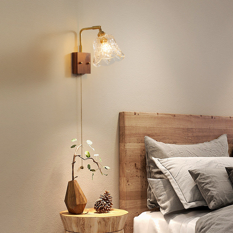 Brass Walnut Rose-Textured Glass Wall Lamp