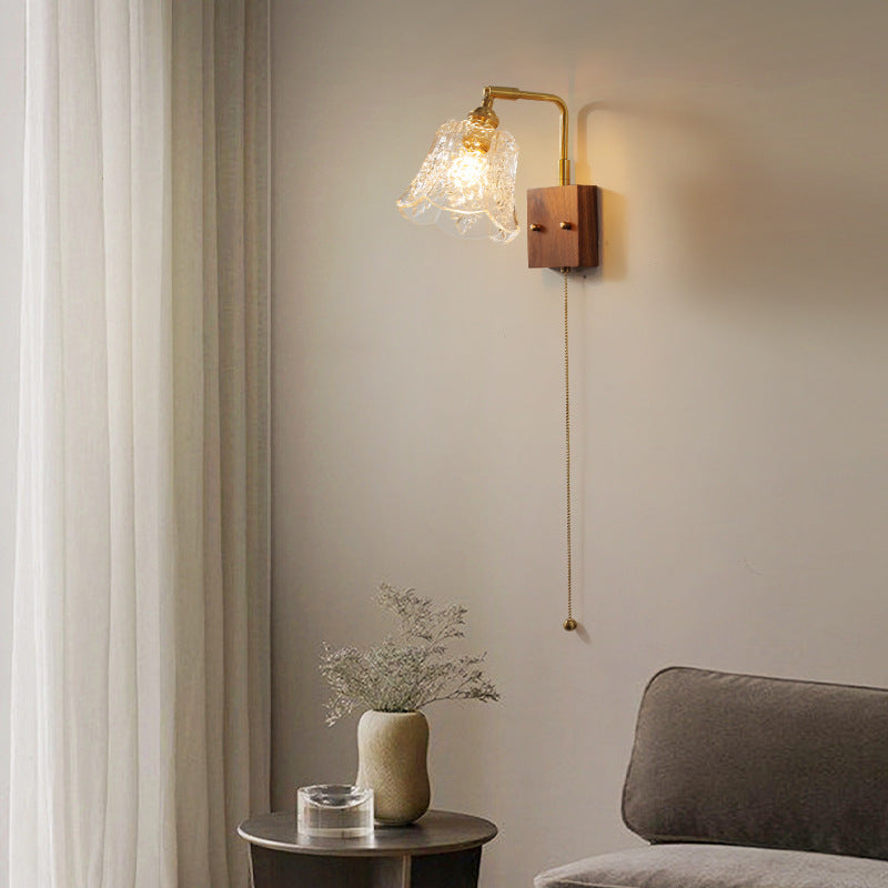 Brass Walnut Rose-Textured Glass Wall Lamp