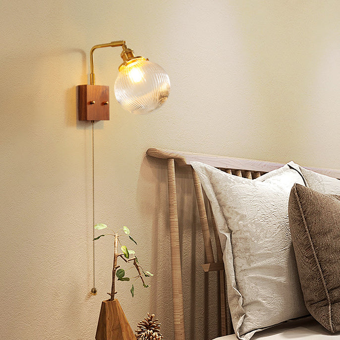 Brass Walnut Ribbed Globe Wall Lamp