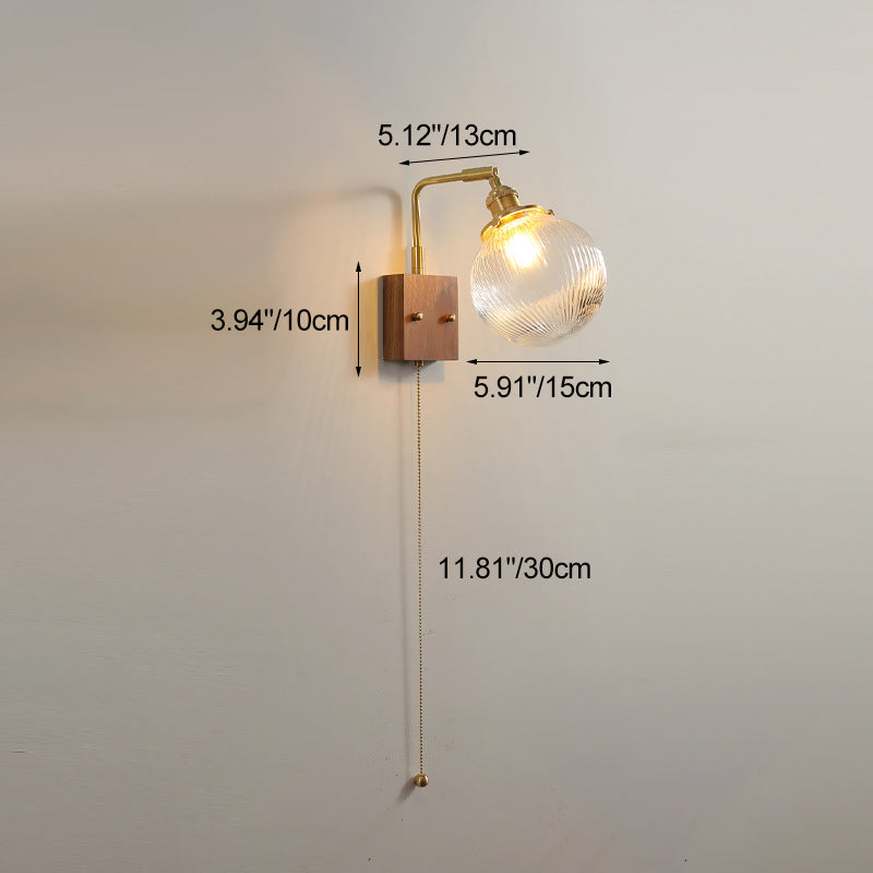Brass Walnut Ribbed Globe Wall Lamp