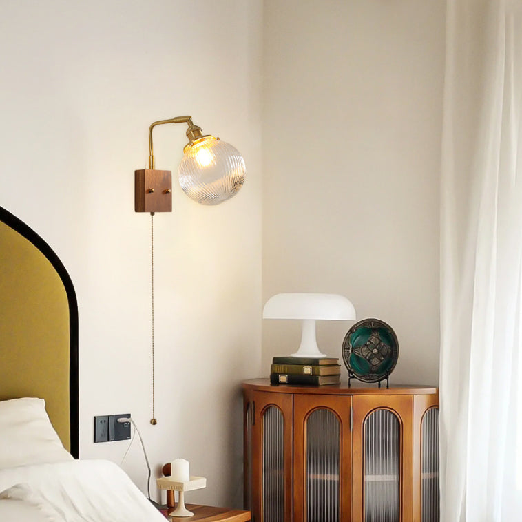 Brass Walnut Ribbed Globe Wall Lamp