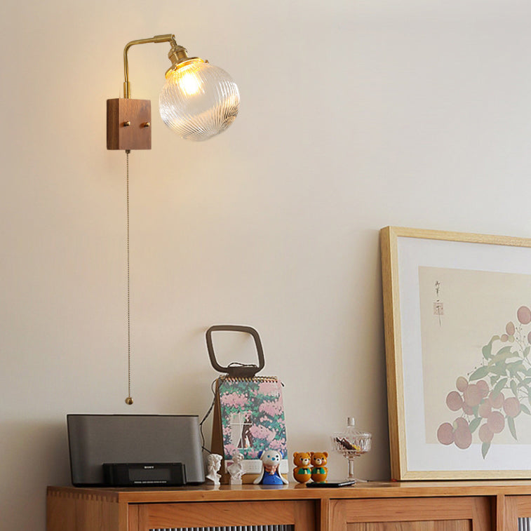 Brass Walnut Ribbed Globe Wall Lamp