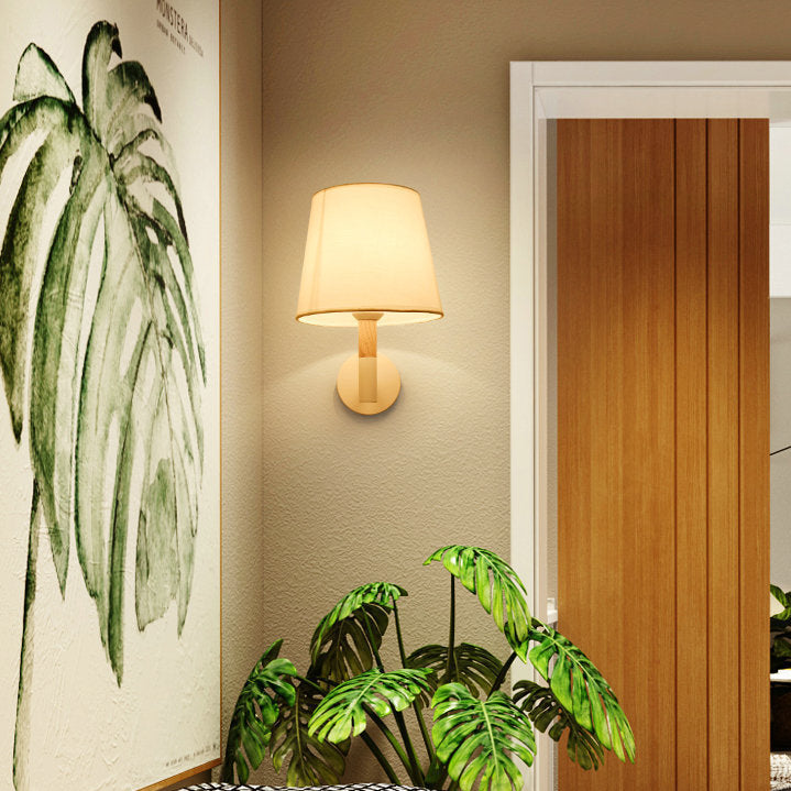 Iron Wood Fabric Round Wall Lamp