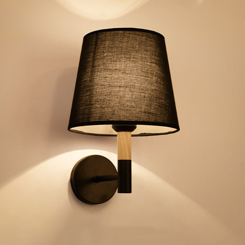 Iron Wood Fabric Round Wall Lamp
