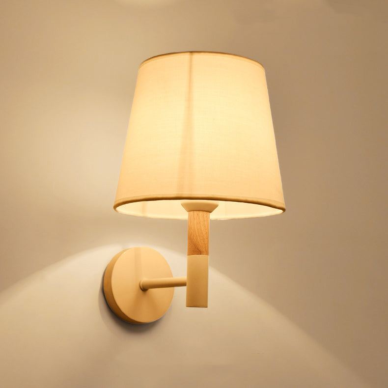 Iron Wood Fabric Round Wall Lamp