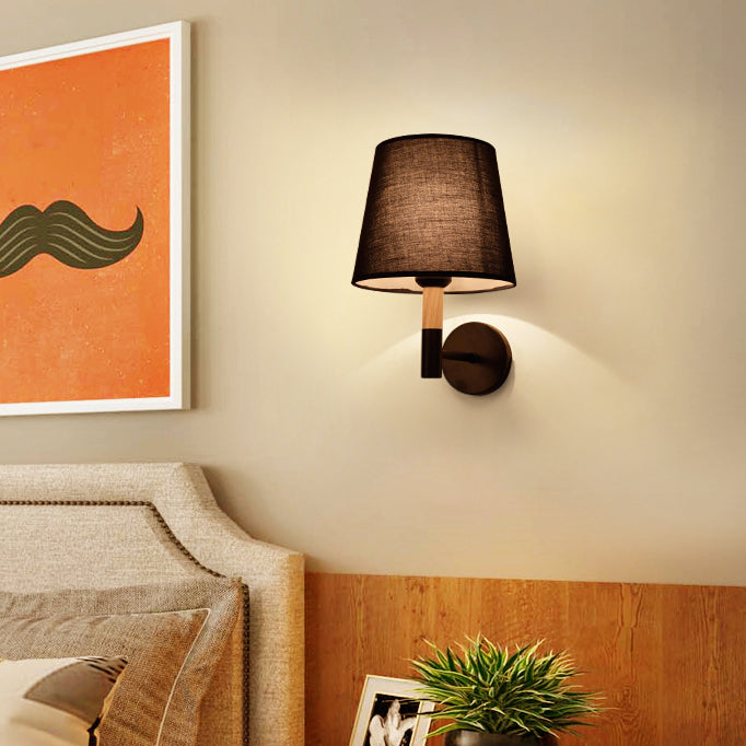 Iron Wood Fabric Round Wall Lamp