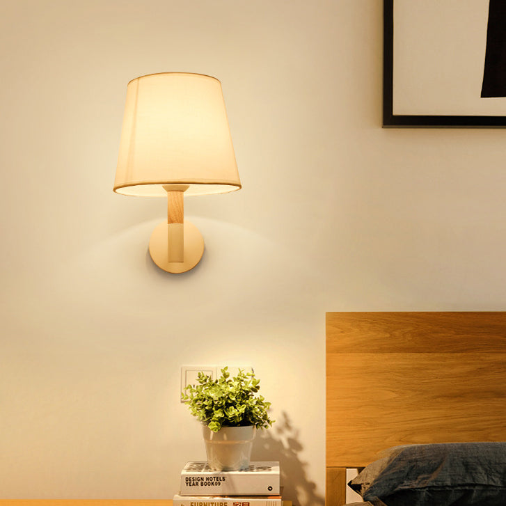 Iron Wood Fabric Round Wall Lamp