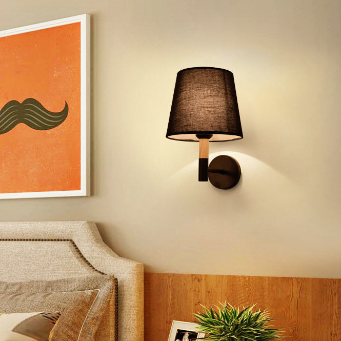 Iron Wood Fabric Round Wall Lamp
