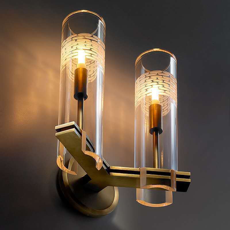 Brass Glass Cylindrical Candelabra Wall Lamp