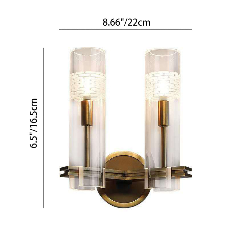 Brass Glass Cylindrical Candelabra Wall Lamp