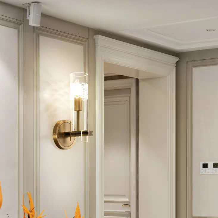Brass Glass Cylindrical Candelabra Wall Lamp