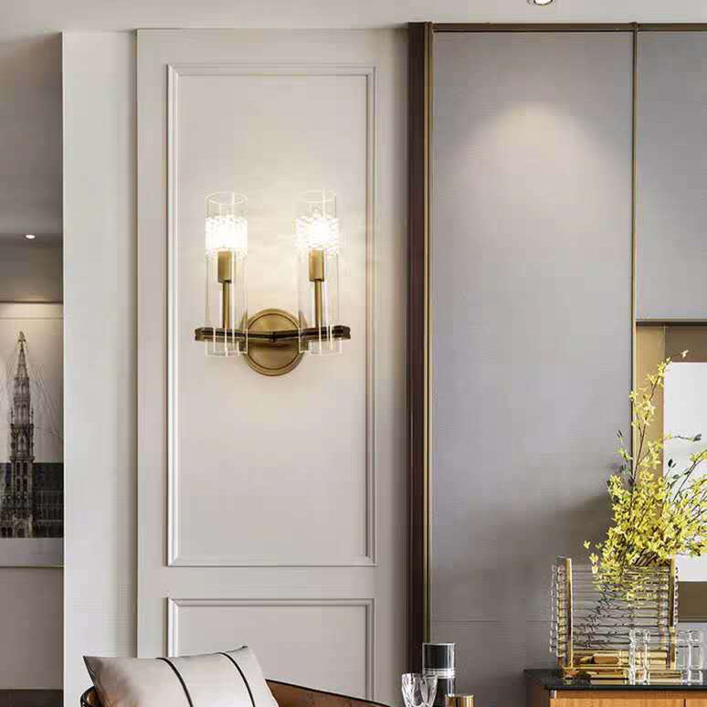 Brass Glass Cylindrical Candelabra Wall Lamp