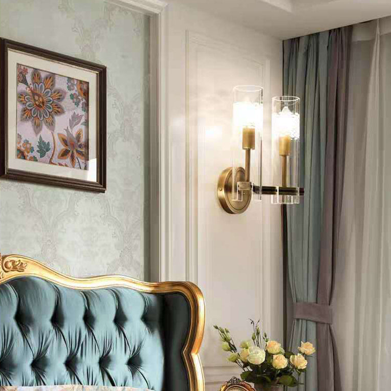 Brass Glass Cylindrical Candelabra Wall Lamp