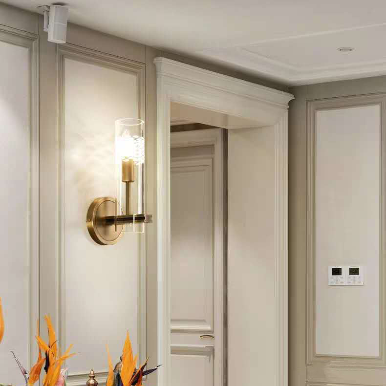 Brass Glass Cylindrical Candelabra Wall Lamp