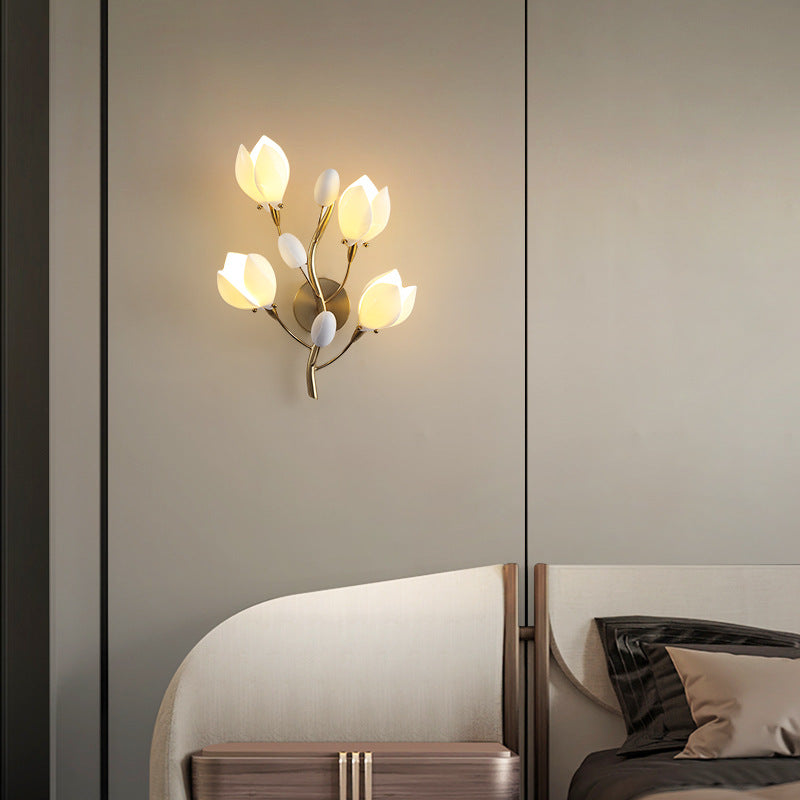 Iron Ceramic Magnolia-Shaped Bedroom 4-Light Wall Lamp