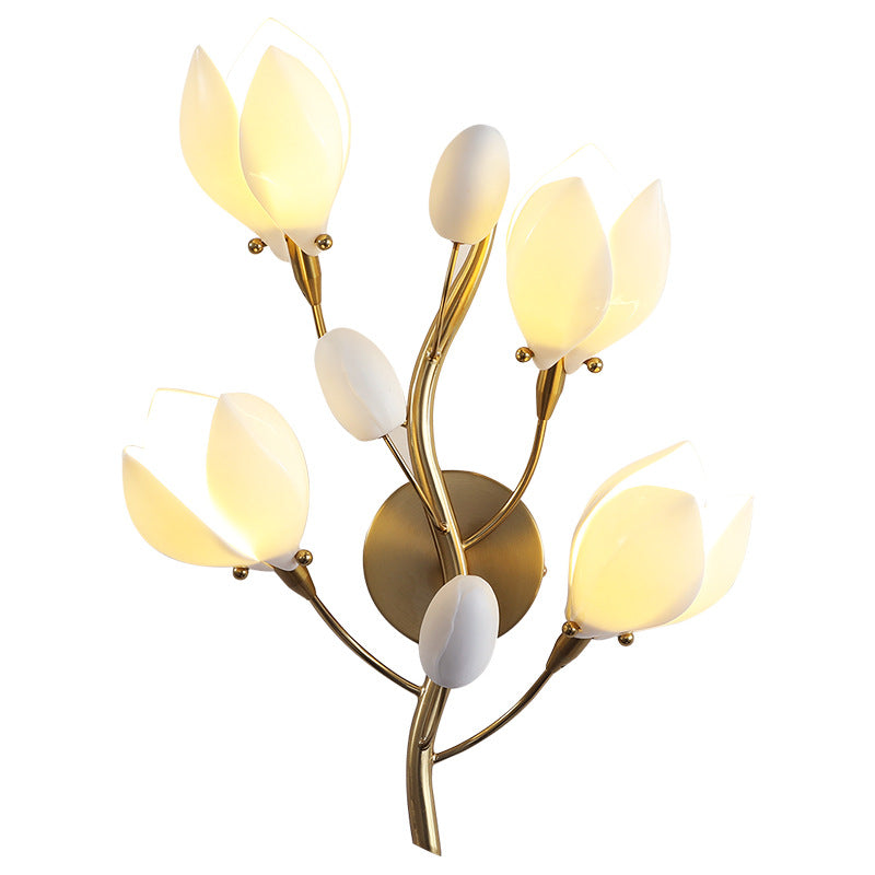 Iron Ceramic Magnolia-Shaped Bedroom 4-Light Wall Lamp