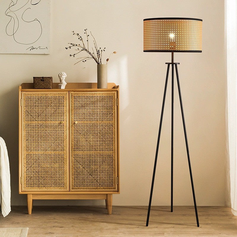 Rattan Iron Cylindrical Bedroom Floor Lamp
