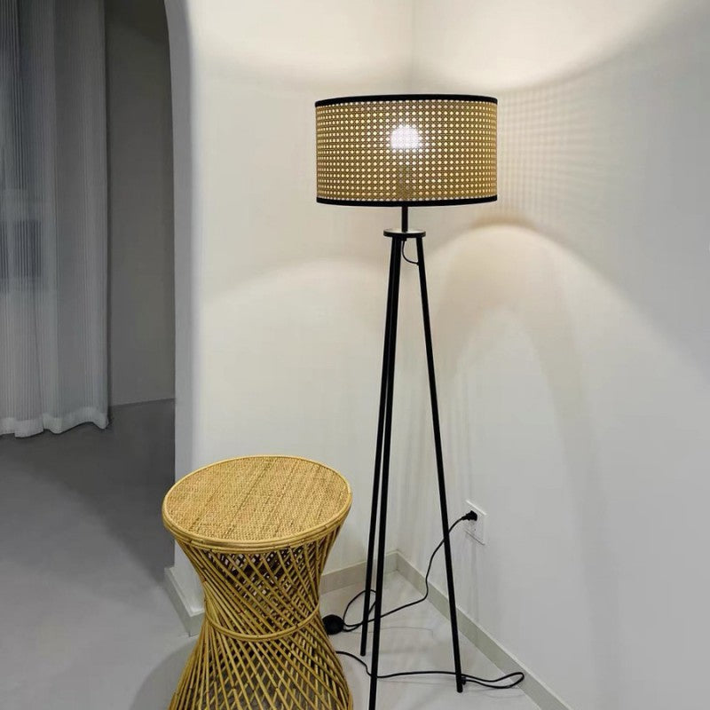 Rattan Iron Cylindrical Bedroom Floor Lamp