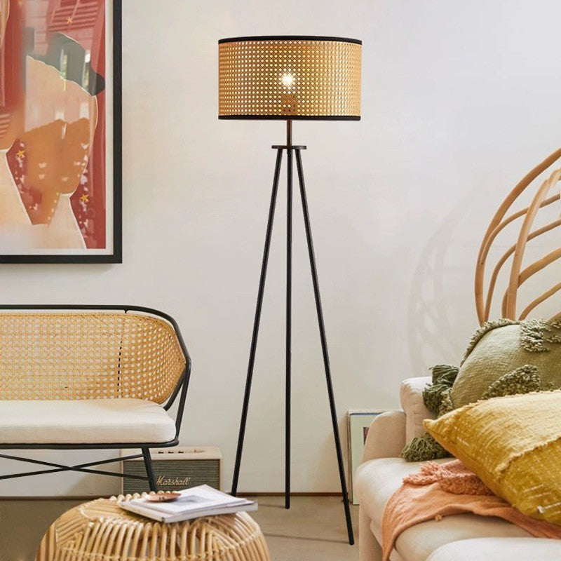 Rattan Iron Cylindrical Bedroom Floor Lamp
