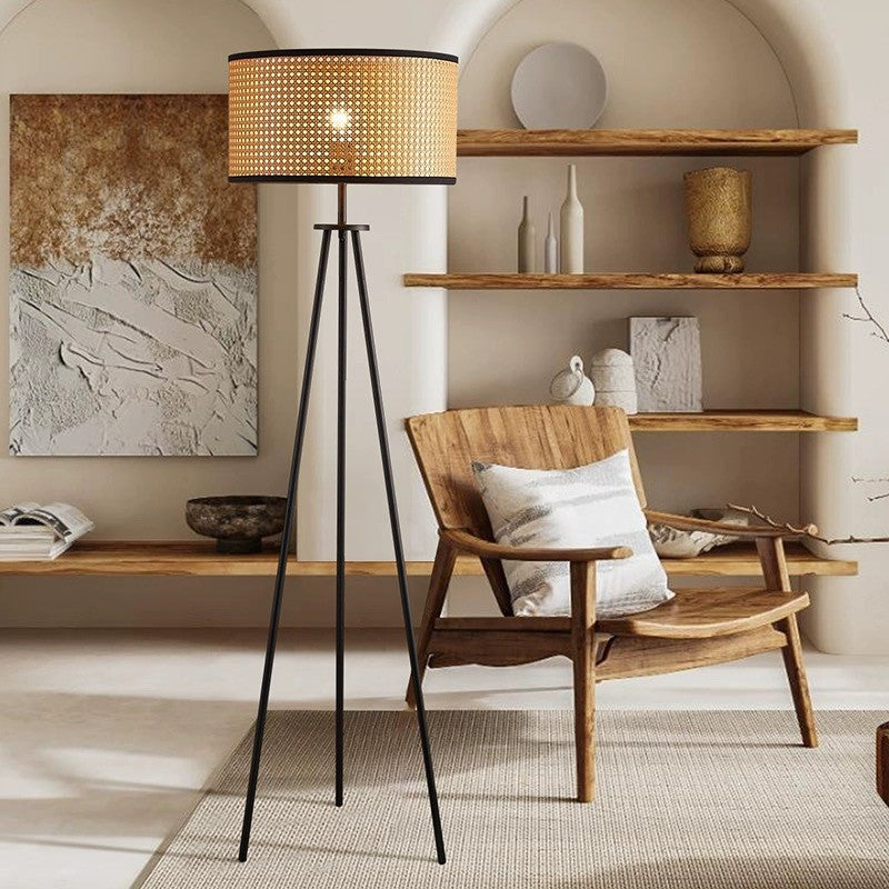 Rattan Iron Cylindrical Bedroom Floor Lamp