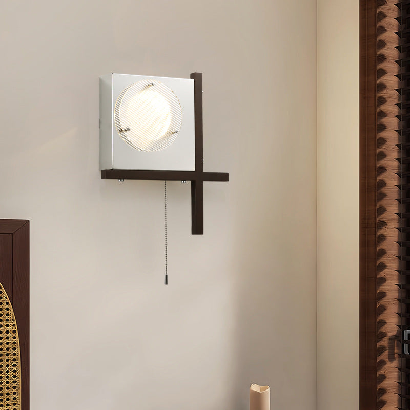 Iron Wood Square Bedroom Wall Lamp