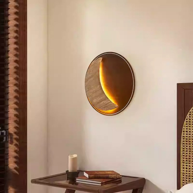 Metal Stone Wood Moon-Shaped Wall Lamp