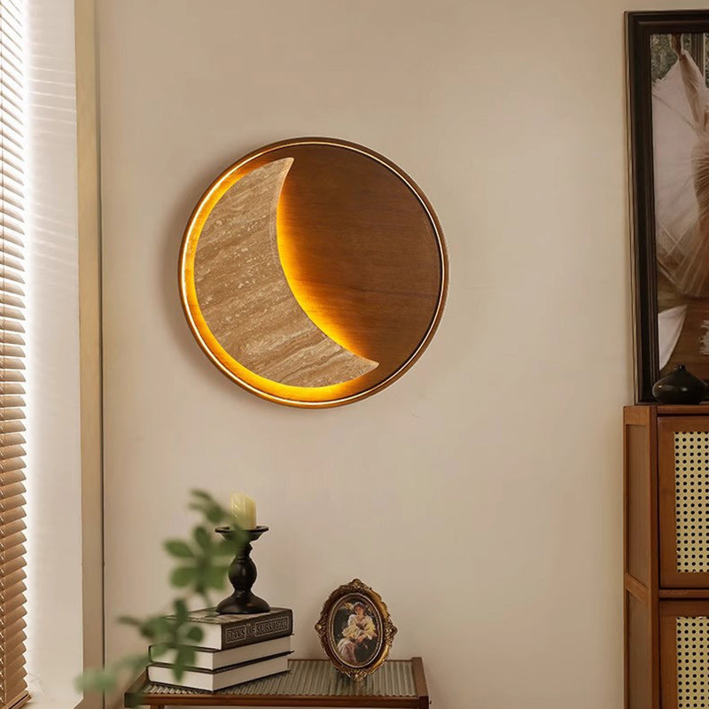 Metal Stone Wood Moon-Shaped Wall Lamp