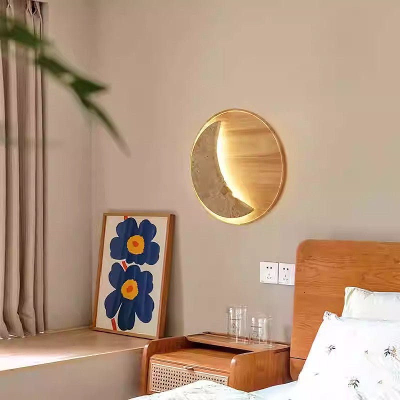 Metal Stone Wood Moon-Shaped Wall Lamp