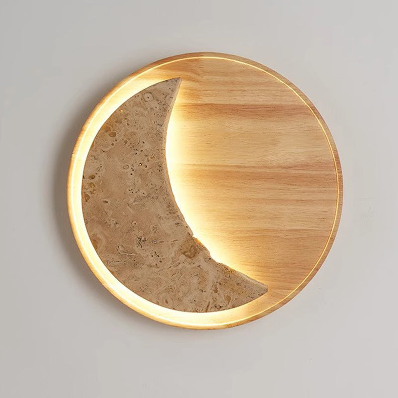 Metal Stone Wood Moon-Shaped Wall Lamp