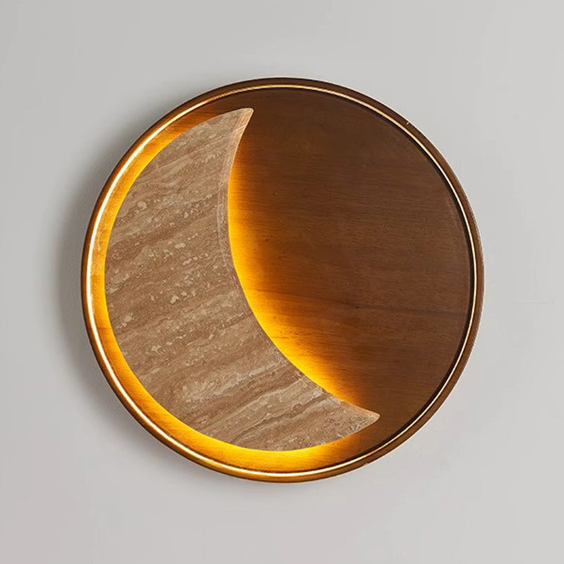 Metal Stone Wood Moon-Shaped Wall Lamp