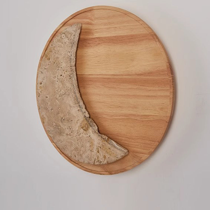 Metal Stone Wood Moon-Shaped Wall Lamp
