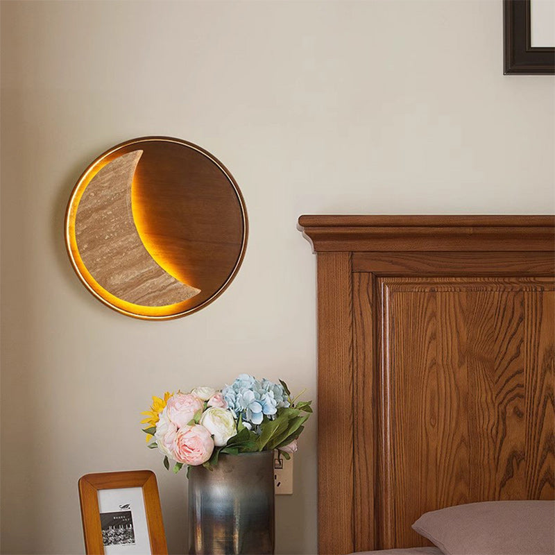 Metal Stone Wood Moon-Shaped Wall Lamp