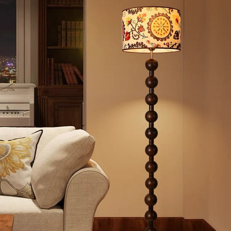 Wood Fabric Round Bedroom Floor Lamp