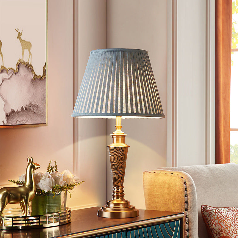 Brass Fabric Round Bedroom Table Lamp