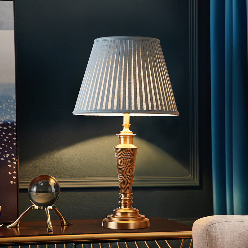 Brass Fabric Round Bedroom Table Lamp
