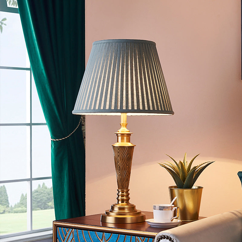 Brass Fabric Round Bedroom Table Lamp