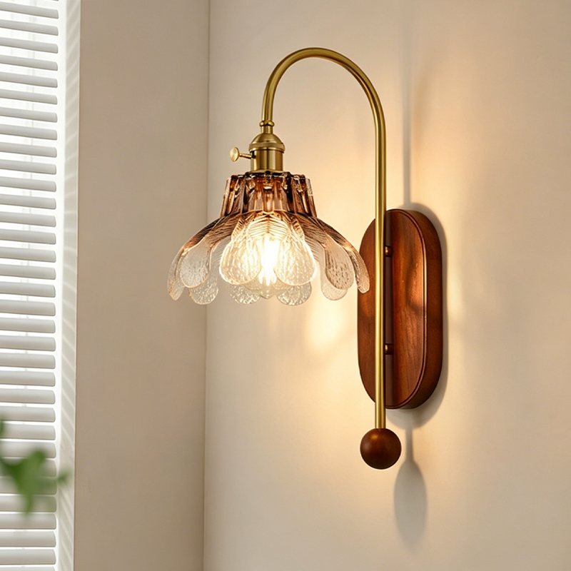 Iron Solid Wood Glass Wall Lamp