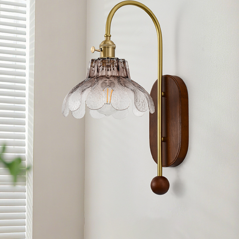 Iron Solid Wood Glass Wall Lamp