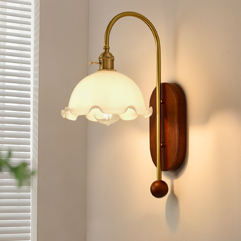 Iron Solid Wood Glass Wall Lamp