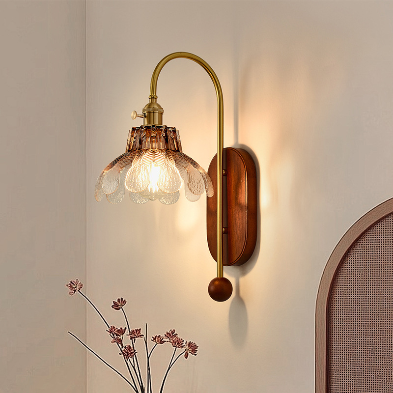 Iron Solid Wood Glass Wall Lamp