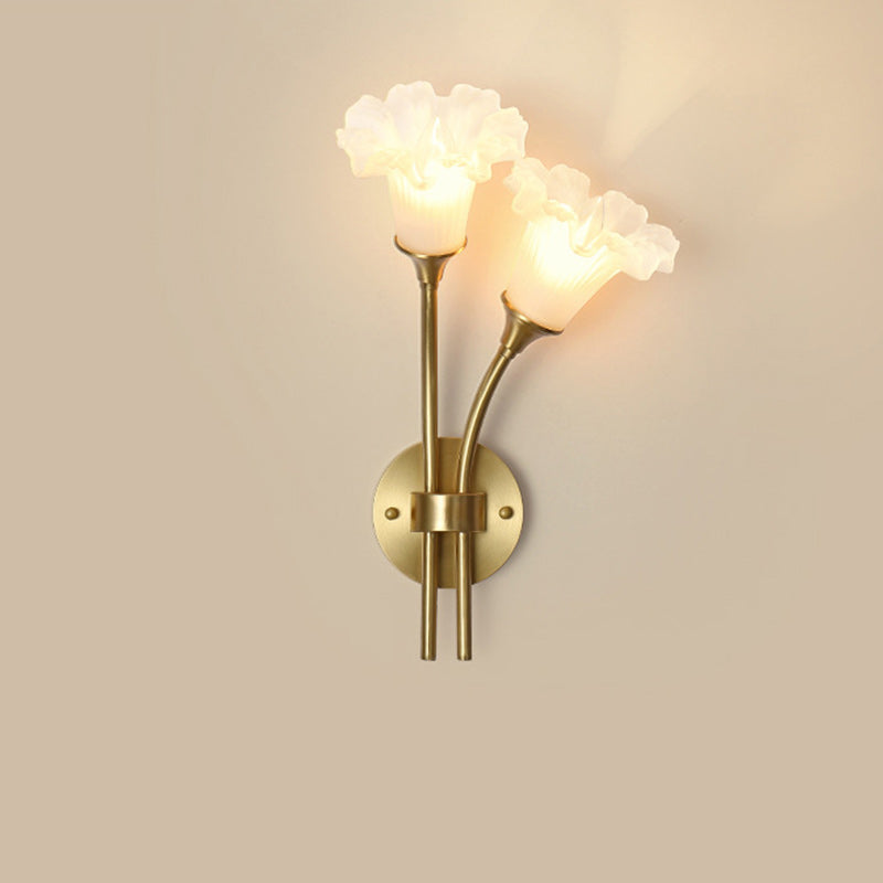 Glass Brass Floral Round 2-Light Wall Lamp
