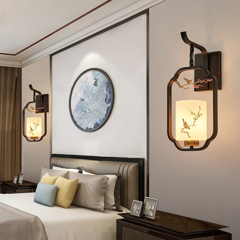 Glass Iron Floral Bird Wall Lamp