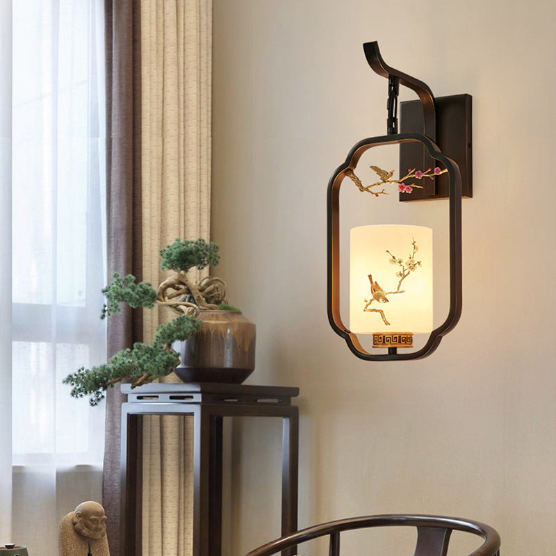 Glass Iron Floral Bird Wall Lamp