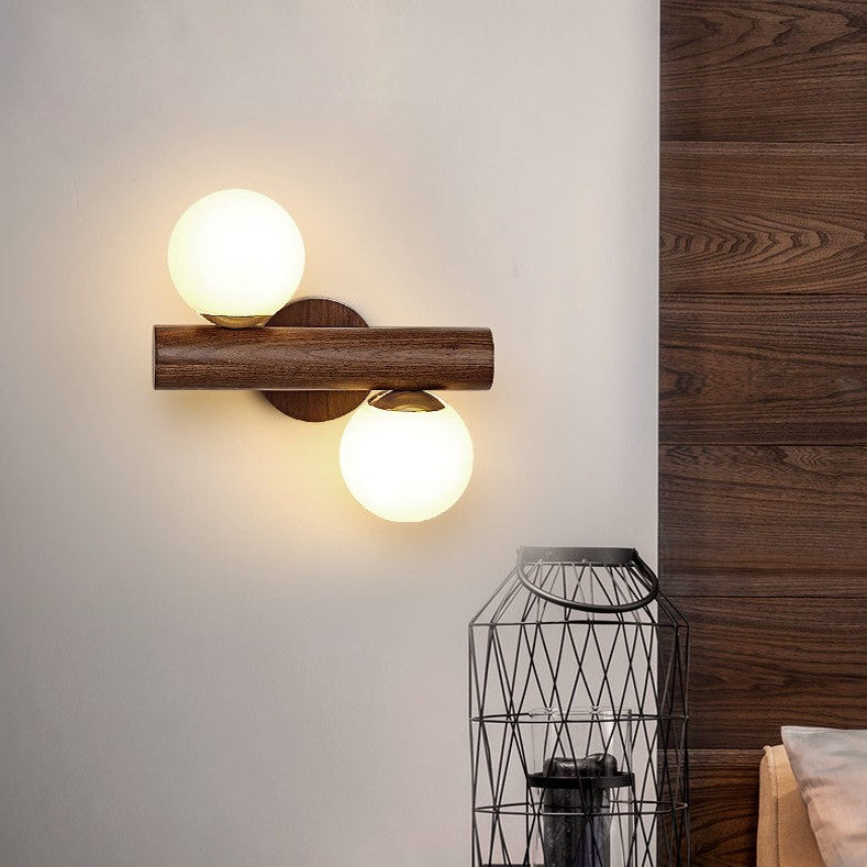 Metal Rubberwood Glass Cylinder 2-Light Wall Lamp