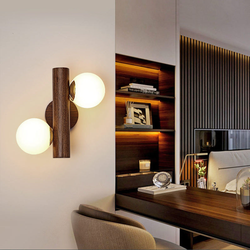 Metal Rubberwood Glass Cylinder 2-Light Wall Lamp
