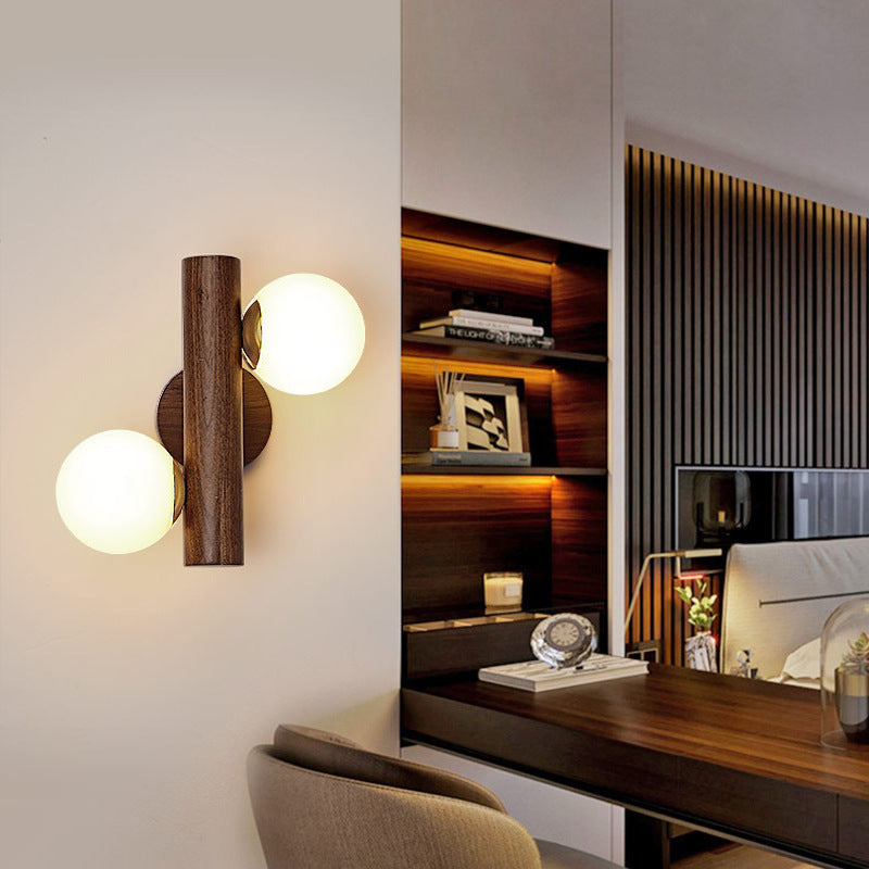 Metal Rubberwood Glass Cylinder 2-Light Wall Lamp